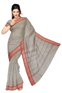 A woman wearing a striped sari in shades of grey and red, showcasing her elegant traditional attire.