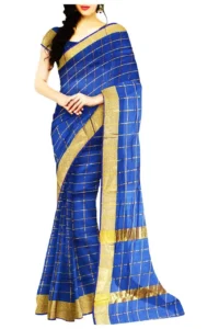 Blue and gold checked silk saree, a stunning traditional Indian garment with a vibrant color combination.